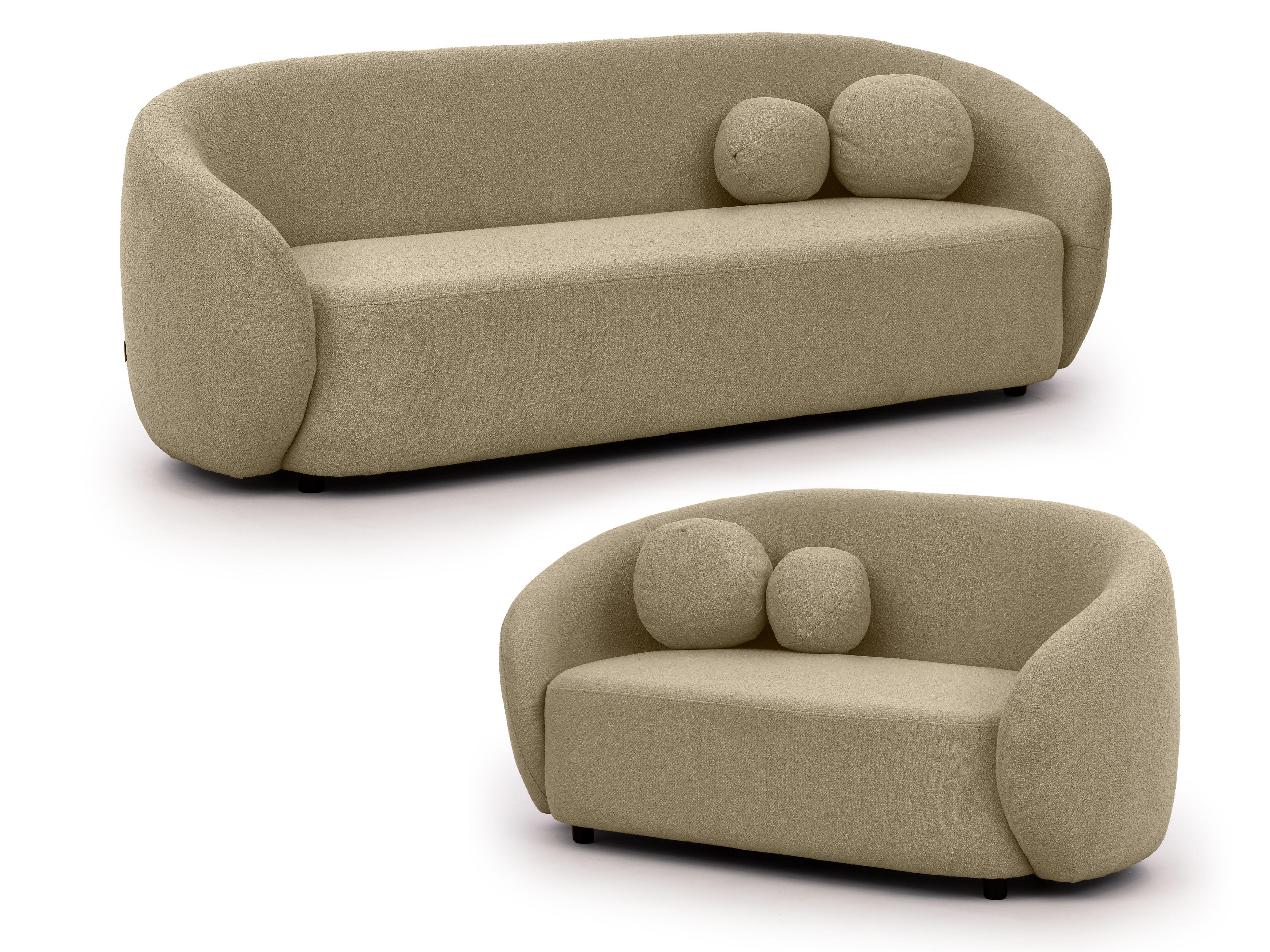 SITZGARNITUR 3+2 Roundi Beige Bouclé - Beige/Schwarz, Holz/Kunststoff (208/76/80cm) - S-Style