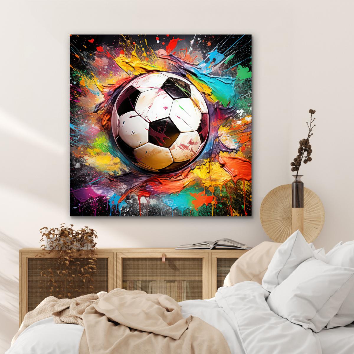 METALLBILD Fußball - Farbe - Farben - Schwarz - Weiß 90x90 cm - Weiß, Metall (90/90cm) - MuchoWow