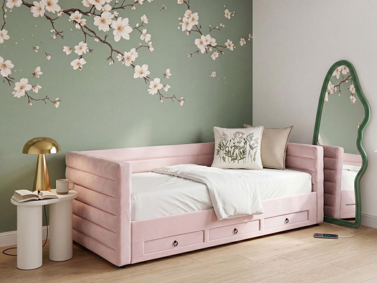 TAGESBETT mit Stauraum 90/180/200 Samtstoff Pastellrosa Meudon - Pink, Textil (90/200cm) - Beliani