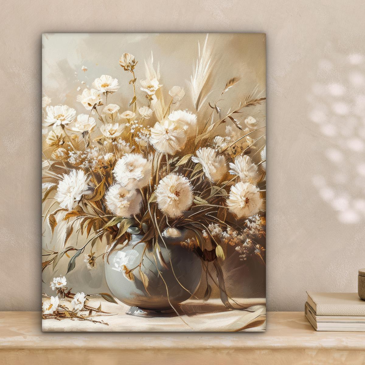 LEINWANDBILD Blumen - Vase - Stilleben - Beige Room Decor 30x40 cm - Creme, Textil (30/40cm) - MuchoWow