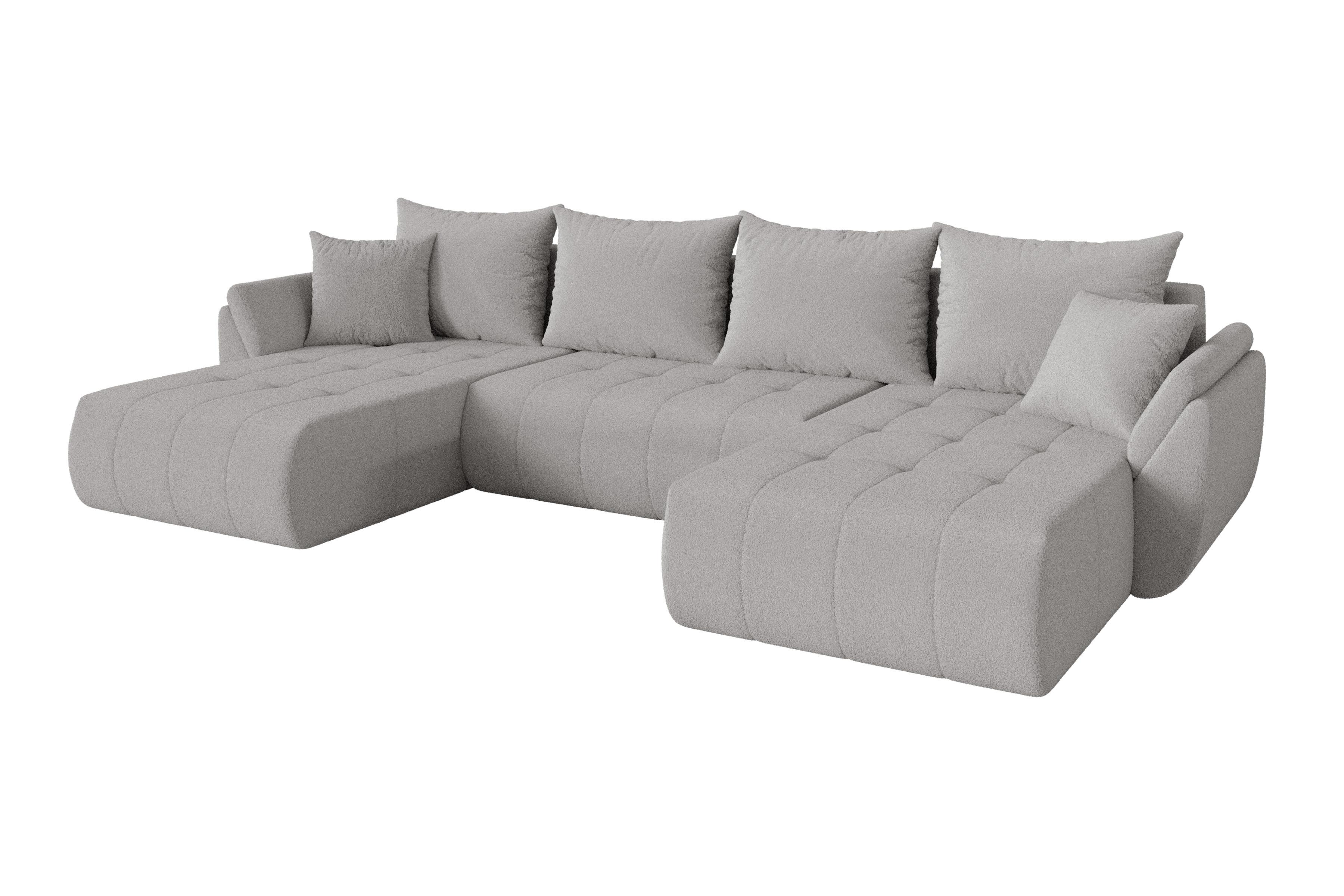 WOHNLANDSCHAFT mit Schlaffunktion und Bettkasten TOKO-U 378x194x86 Hellgrau Bouclé - Silberfarben/Hellgrau, Holzwerkstoff/Kunststoff (378/86/194cm) - ALTDECOR