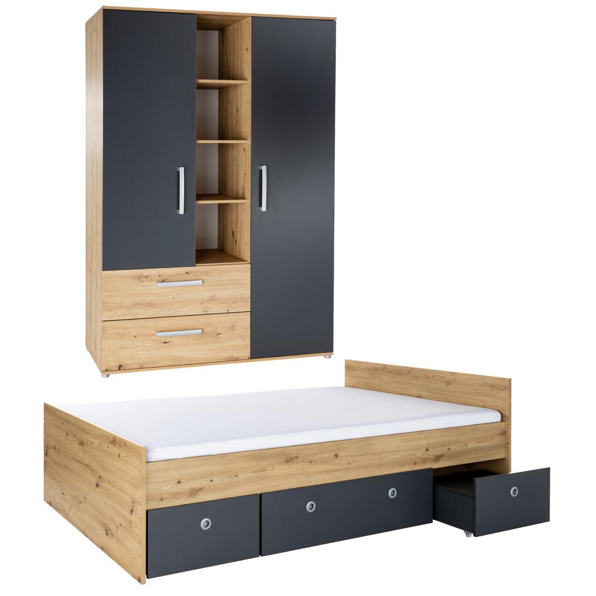 JUGENDZIMMER SET 3-tlg. Bett Kleiderschrank Bettkästen - Anthrazit/Silberfarben, Holzwerkstoff/Kunststoff (120/1/200cm) - arthur berndt