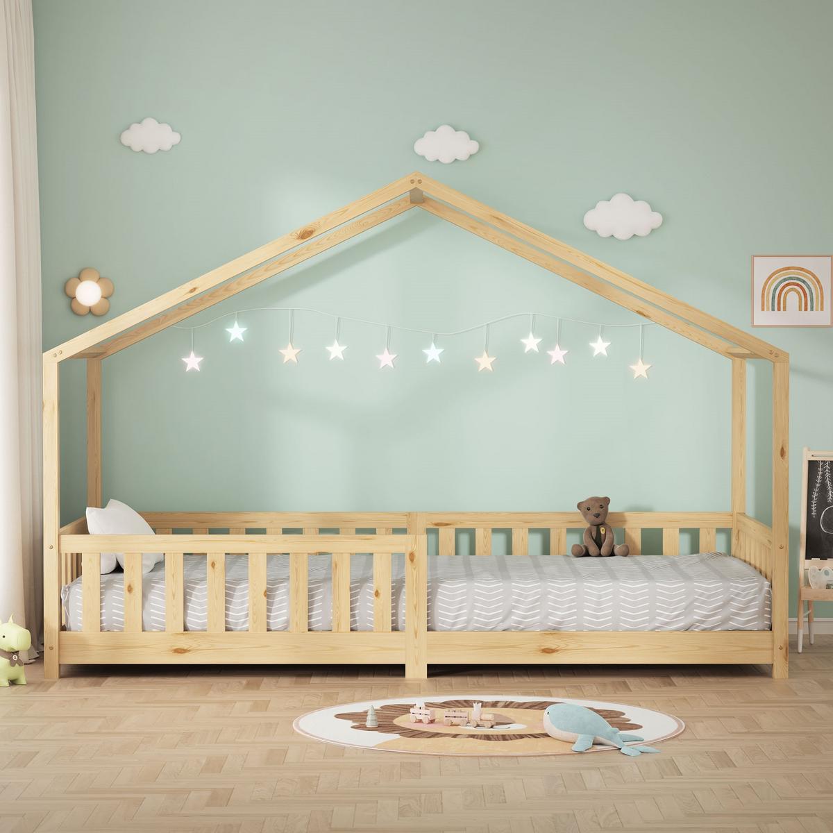 HAUSBETT 90x200 cm Natur aus Kiefernholz mit Rausfallschutz - Beige, Holz (90/200cm) - ML-DESIGN