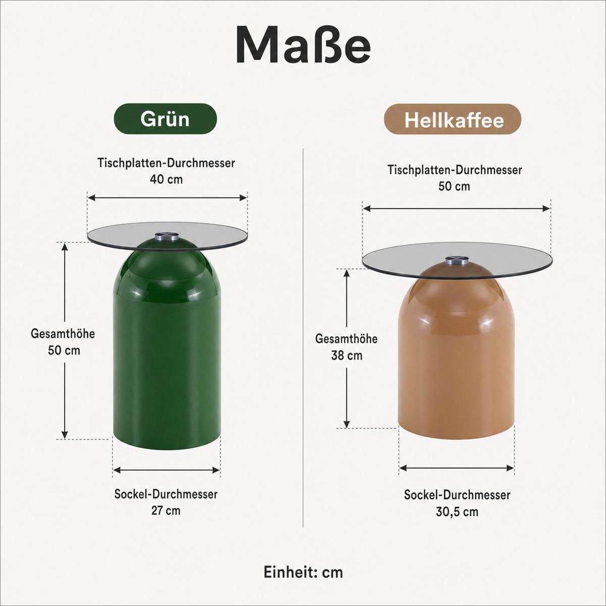 COUCHTISCH-SET Glockenförmig Glas & Metall Grün & Hellbraun - Schwarz, Metall (50/50/38cm) - Urban Meuble