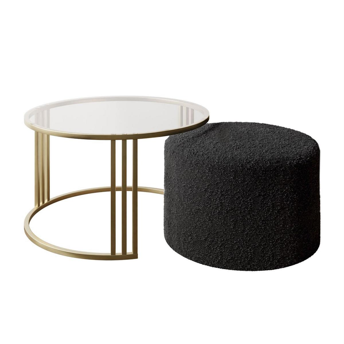 COUCHTISCH mit Hocker LORI GLASS gebürstetes Gold/transparentes Glas/Coral 60 - Transparent, Metall (70/70/49cm) - Lookway