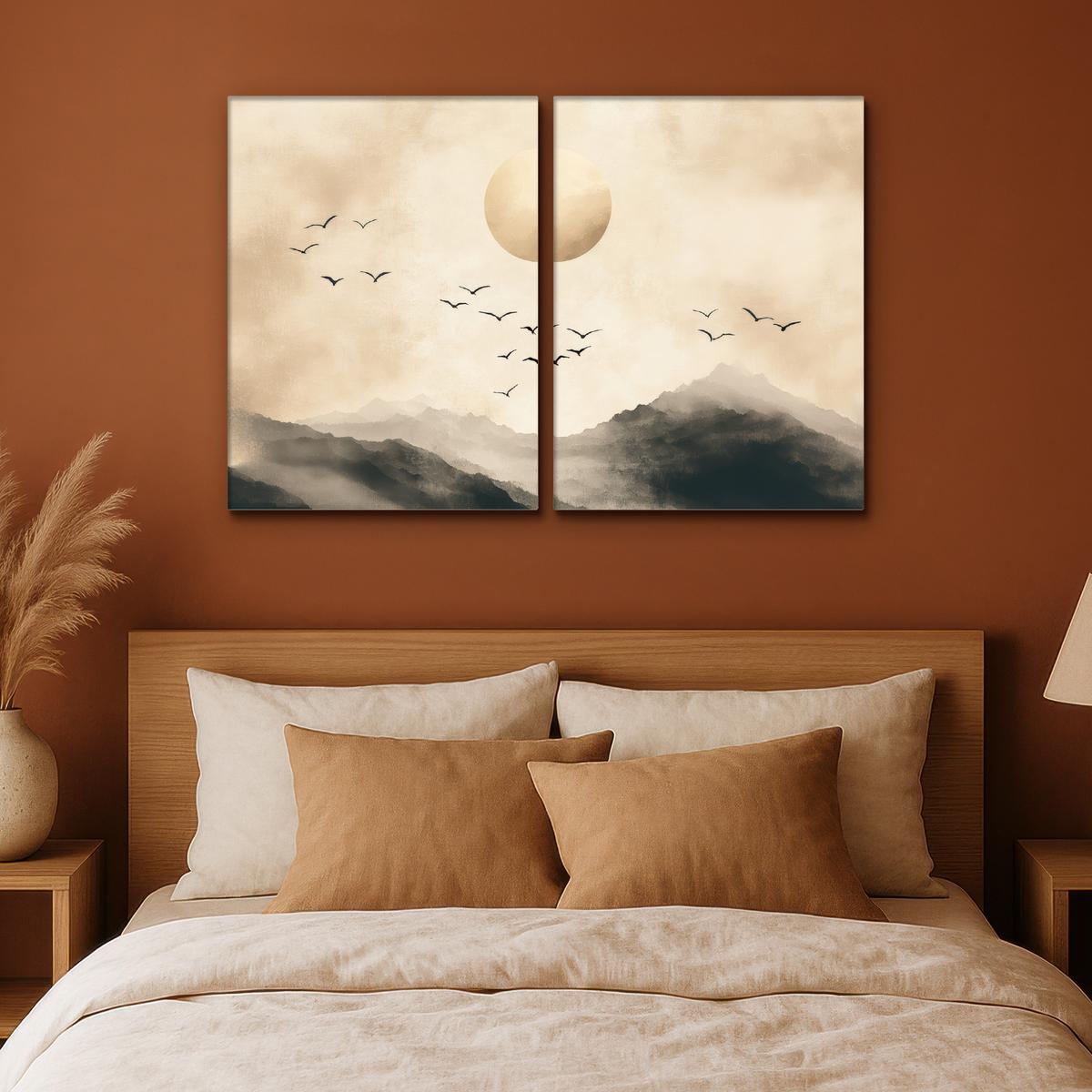 LEINWANDBILD 2er Set Landschaft - Japandi - Beige - Vögel 100x70 cm - Beige, Textil (100/70cm) - MuchoWow