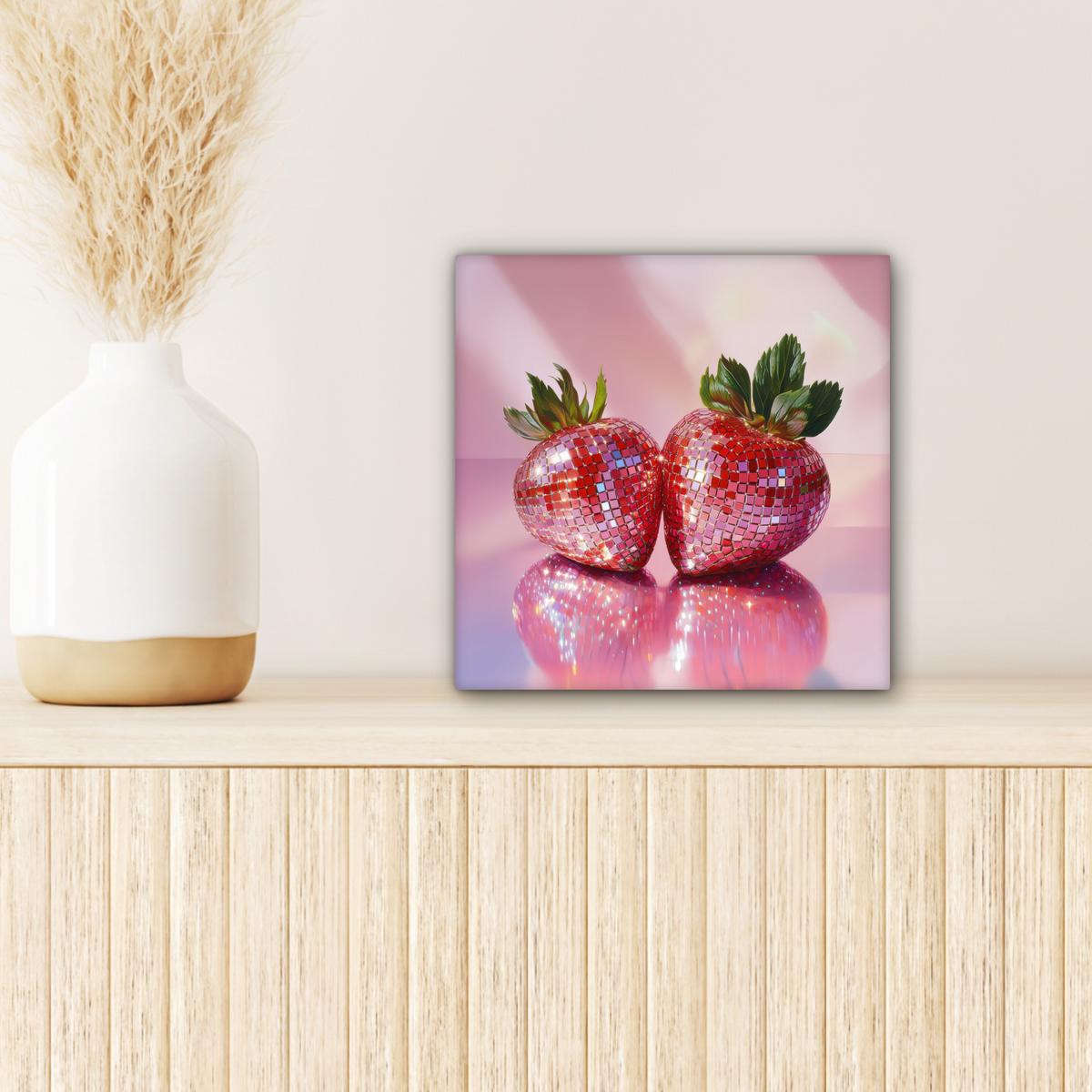 LEINWANDBILD Disco - Obst - Glitzer - Erdbeere Deko Wohnzimmer 20x20 cm - Pink, Textil (20/20cm) - MuchoWow