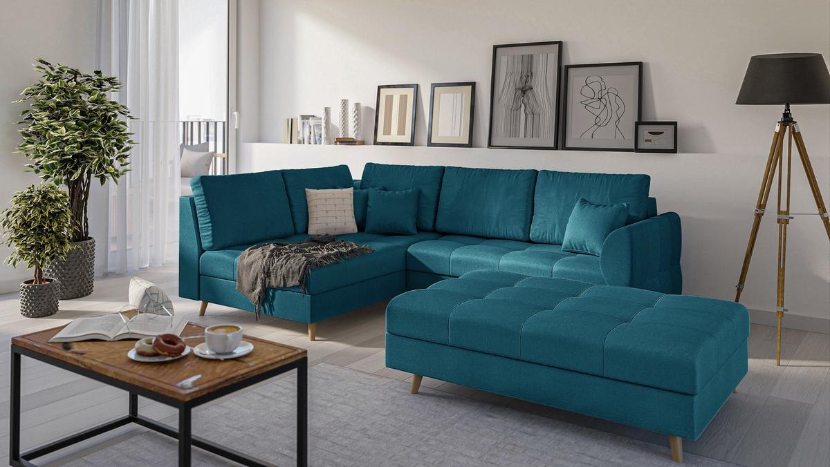 ECKSOFA MIT HOCKER Lorine Mikrofaser Blau - Blau/Hellbraun, Buchenholz/Textil (231/161cm) - S-Style Möbel