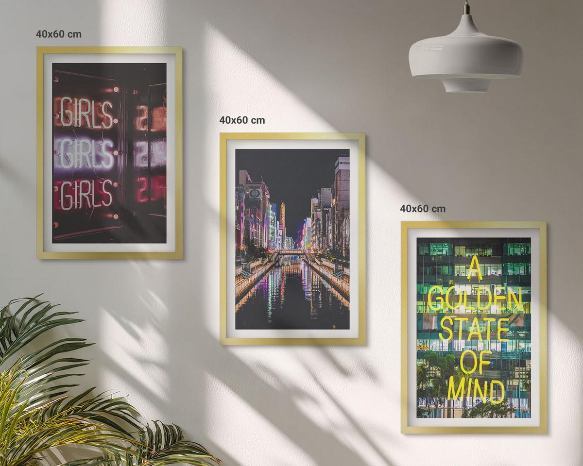 BILDER SET 3er Set - 40x60 cm Goldrahmen - Neonlichter am Fluss bei Nacht - Goldfarben, Kunststoff (40/60cm) - TULUP