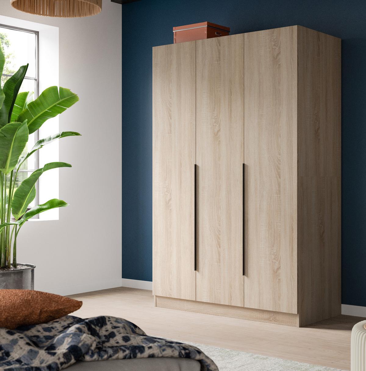 KLEIDERSCHRANK Eiche Sonoma 3-türig 120 x 181 cm, Drehtürenschrank mit Kleiderstange - Eichefarben/Schwarz, Holzwerkstoff/Kunststoff (120/181/52cm) - Inn.Furn