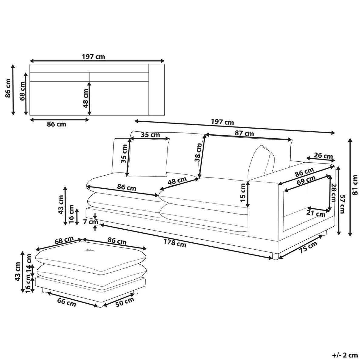 2-SITZER-SOFA mit Ottomane Stoff Grau Heden - Dunkelgrau/Braun, Textil (197/81/86cm) - Beliani