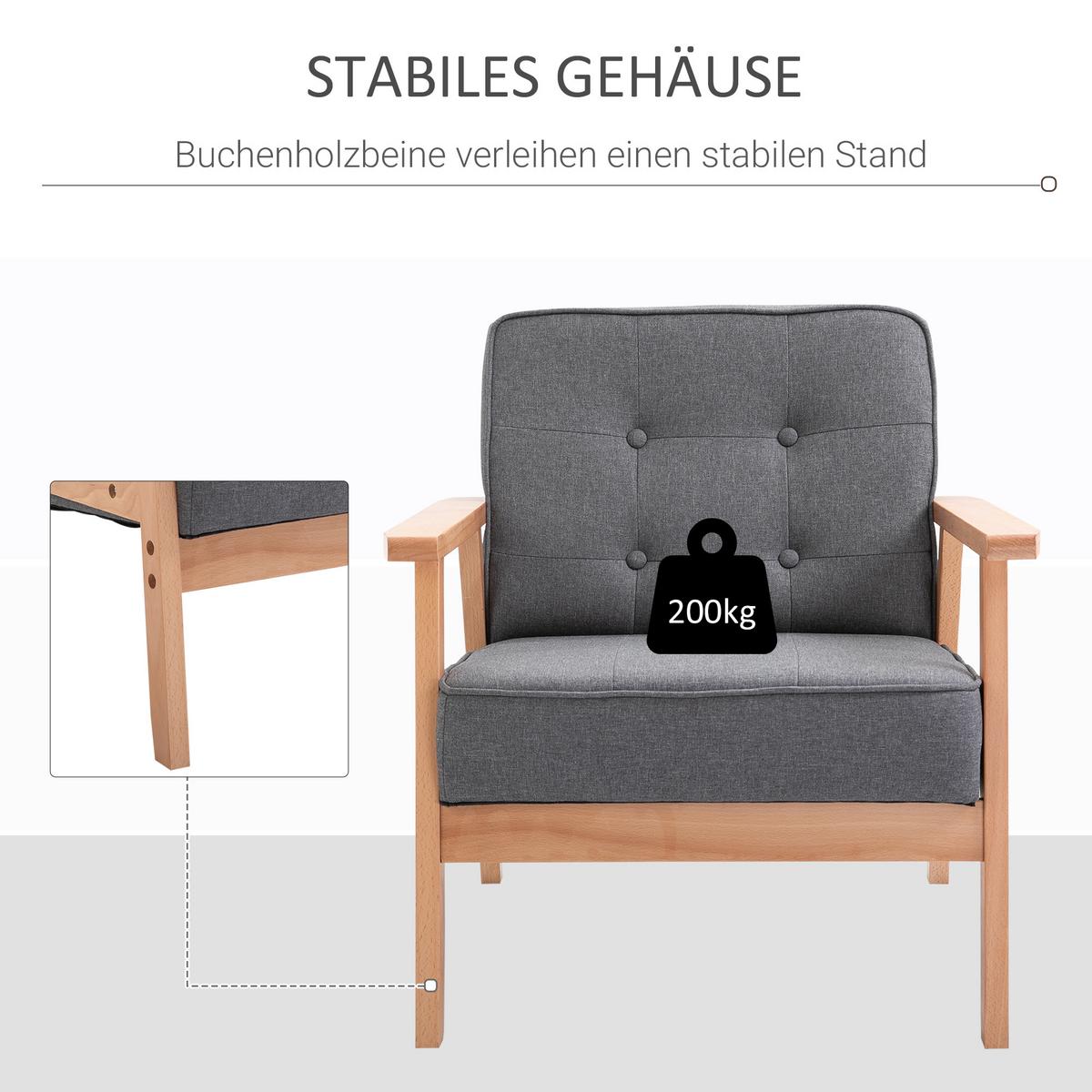 EINZELSESSEL, Loungesessel, Leinen, Grau - Grau, Holz/Kunststoff (70/74/64.5cm) - HOMCOM