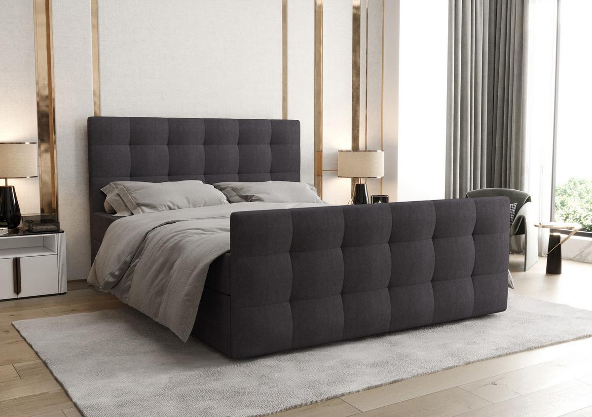 BOXBETT Orchido 140/200 cm in Grau – mit Bettkasten + TOPPER - Schwarz/Grau, Holz/Holzwerkstoff (140/200cm) - AX Living