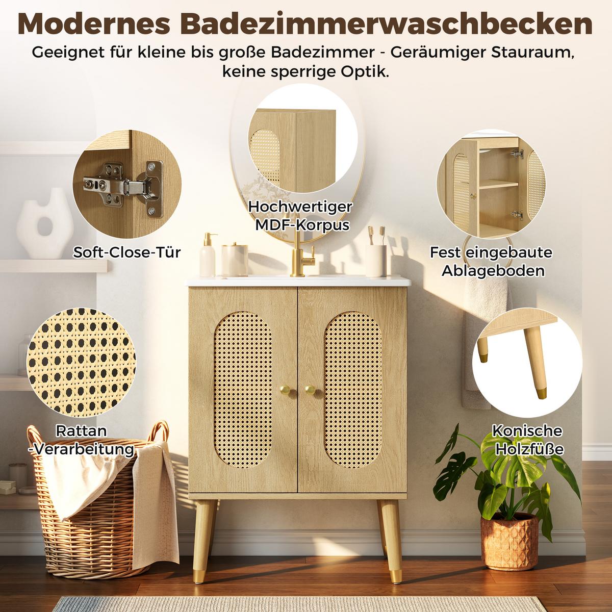 WASCHTISCHUNTERSCHRANK Holzoptik mit Rattan-Türen & Keramikbecken - Naturfarben, Holzwerkstoff (61/89/47cm) - Urban Meuble