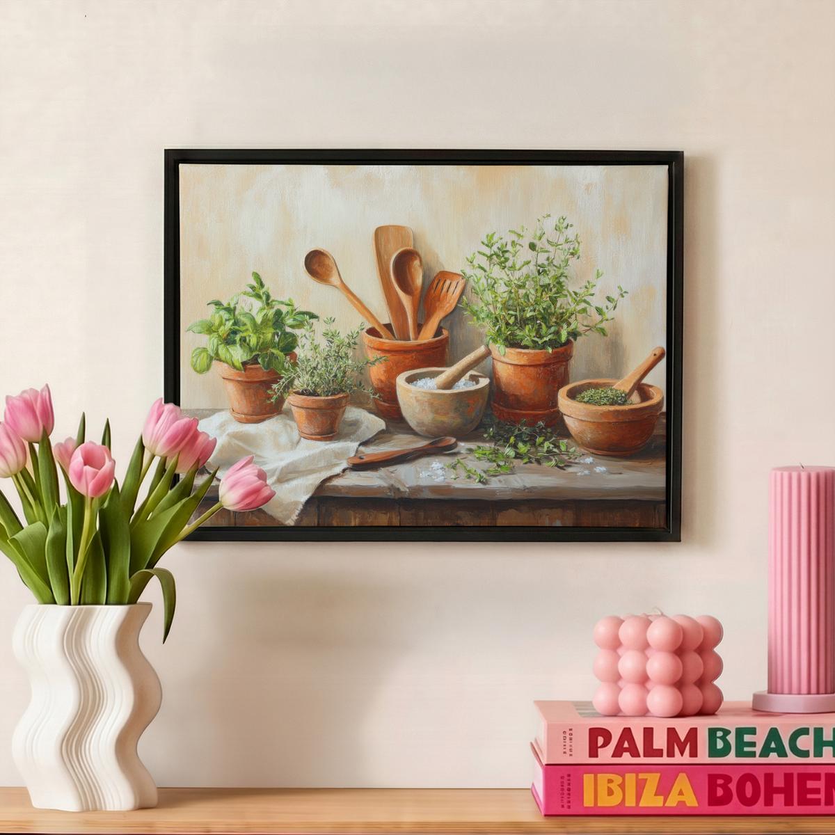LEINWAND Bilder mit Rahmen - Töpfe - Kräuter - Holz - 40x30 - Terracotta, Textil (40/30cm) - MuchoWow