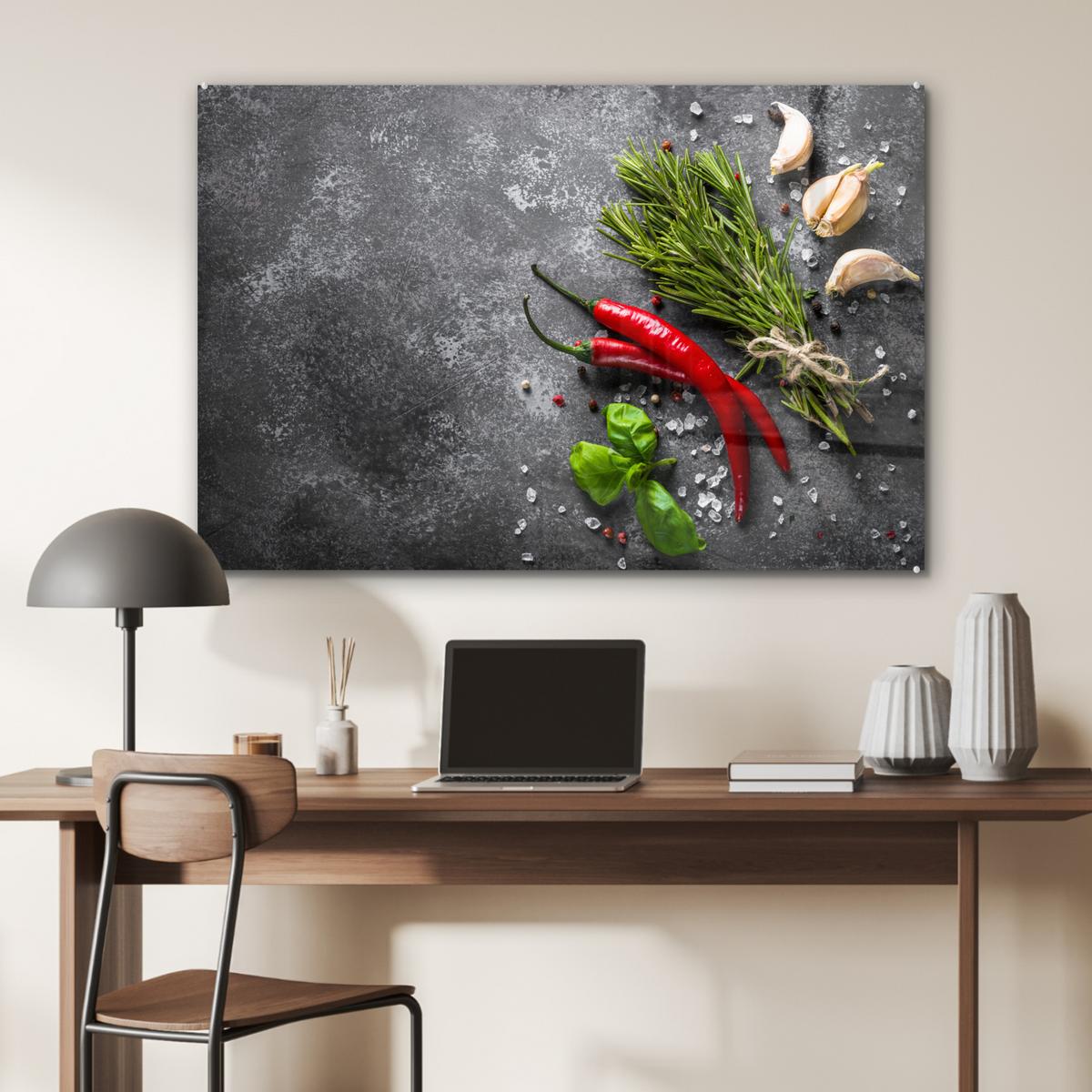 ACRYLGLASBILD Pfeffer - Kräuter - Gewürze - Beton Wandbild Schlafzimmer 120x80 cm - Dunkelgrau, Glas (120/80cm) - MuchoWow