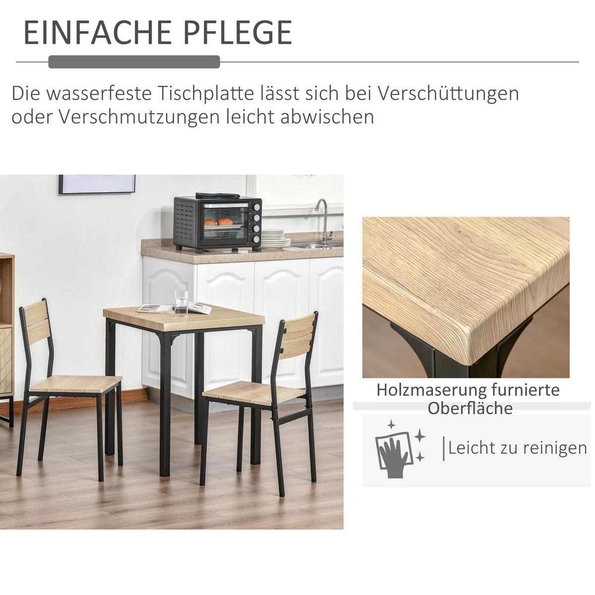 3-TEILIGE Essgruppe Küchentisch mit Metallgestell Esszimmergruppe Sitzgruppe - Naturfarben, Metall (60/76/60cm) - HOMCOM