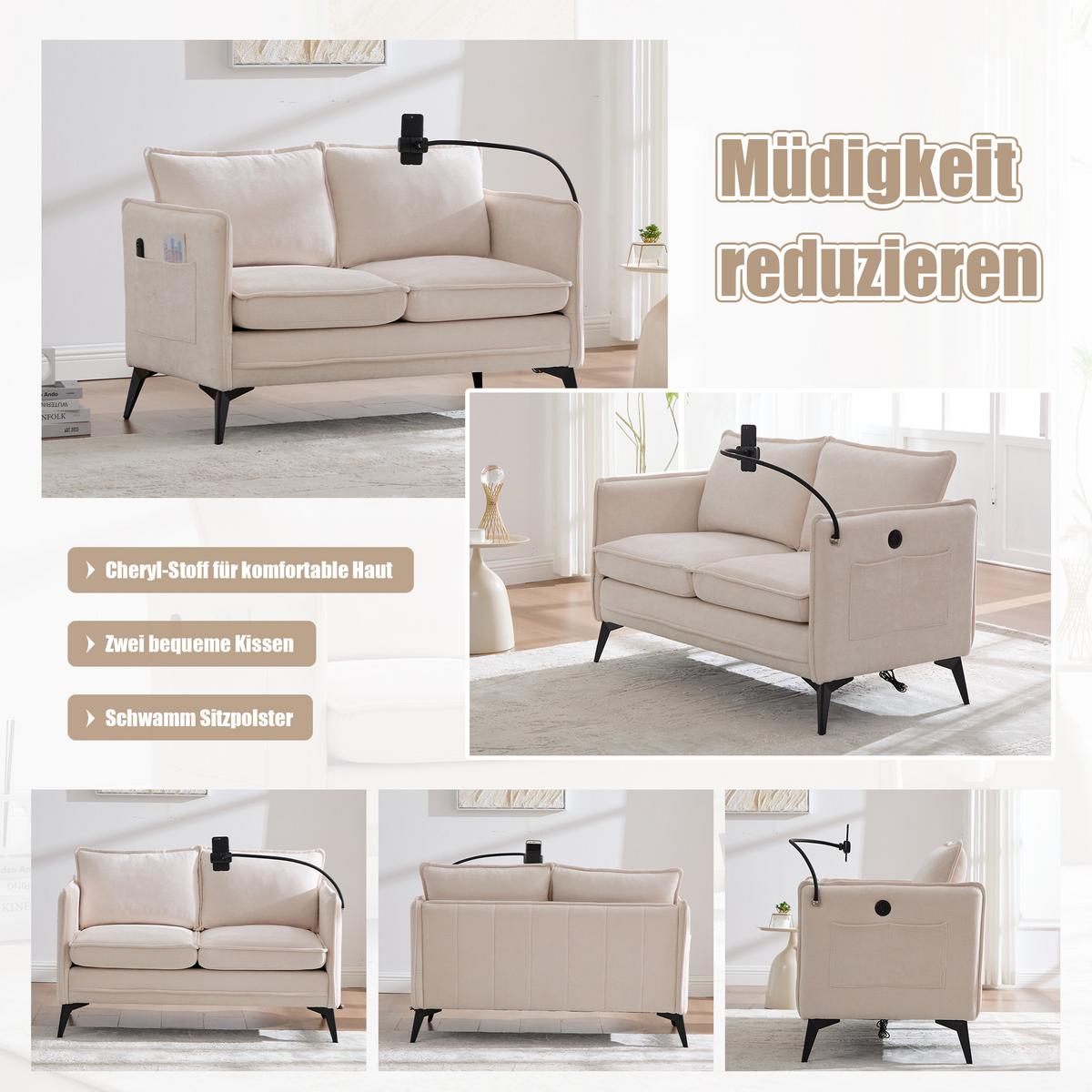 2-SITZER SOFA Chenille Mit Handy-Halter & Seitentaschen - Beige, Textil (127/66/69cm) - Urban Meuble