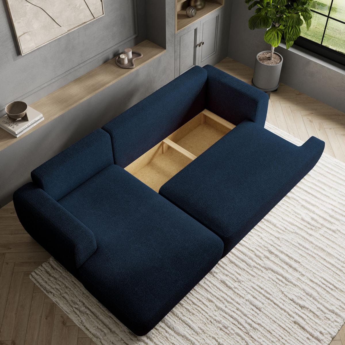 ECKSOFA SENTI N L-S Blau Boucle-Stoff mit Schlaffunktion - Blau/Schwarz, Holz/Kunststoff (246/148cm) - MASSENO