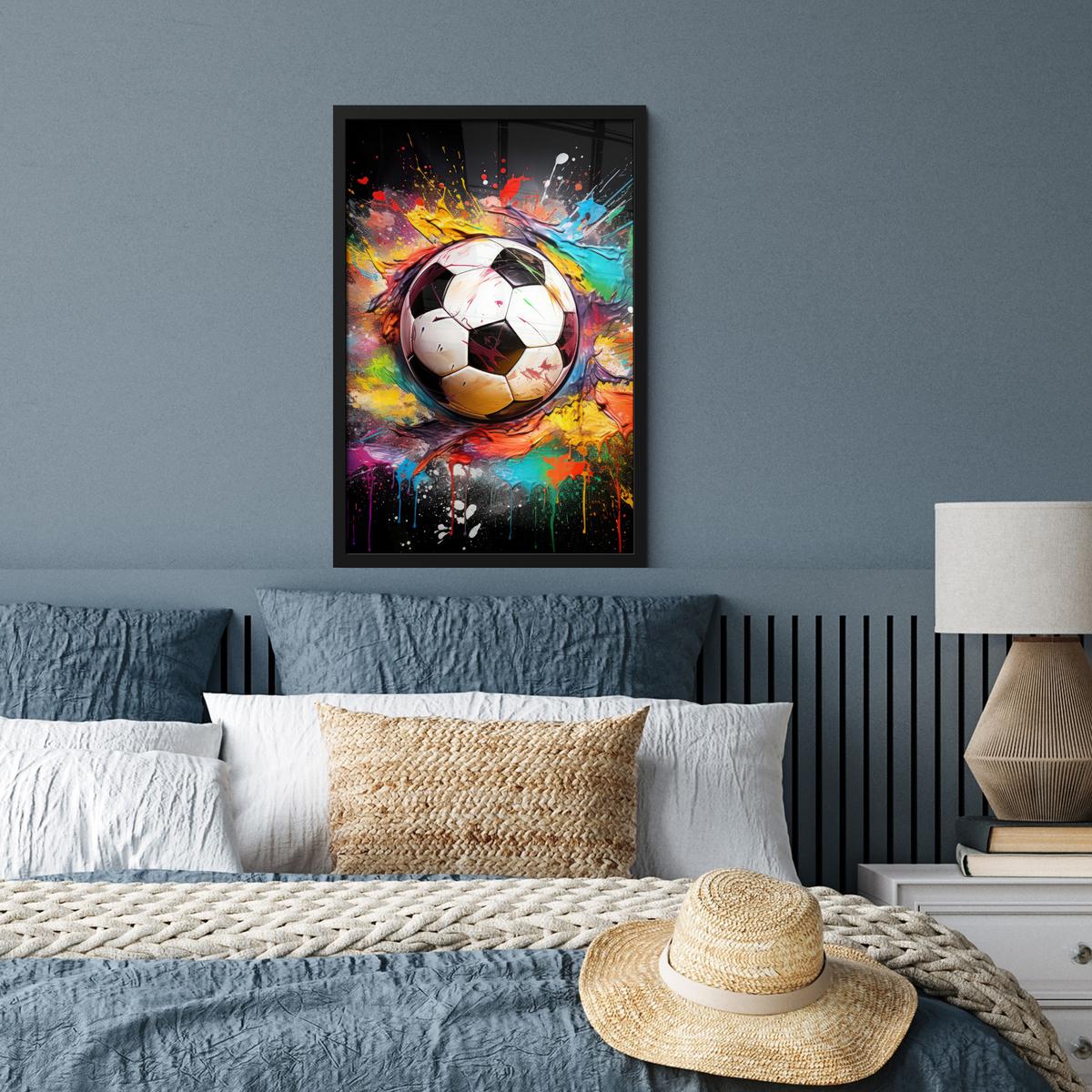 POSTER MIT RAHMEN Fußball - Farbe - Farben - Schwarz - Weiß Bilder mit Rahmen 40x60 cm - Weiß, Papier (40/60cm) - MuchoWow