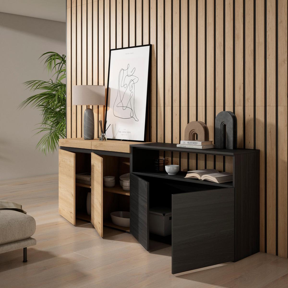 SIDEBOARD eiche, schwarz, 200/35/75cm - Multicolor, Holzwerkstoff (200/75/35cm) - Skraut Home