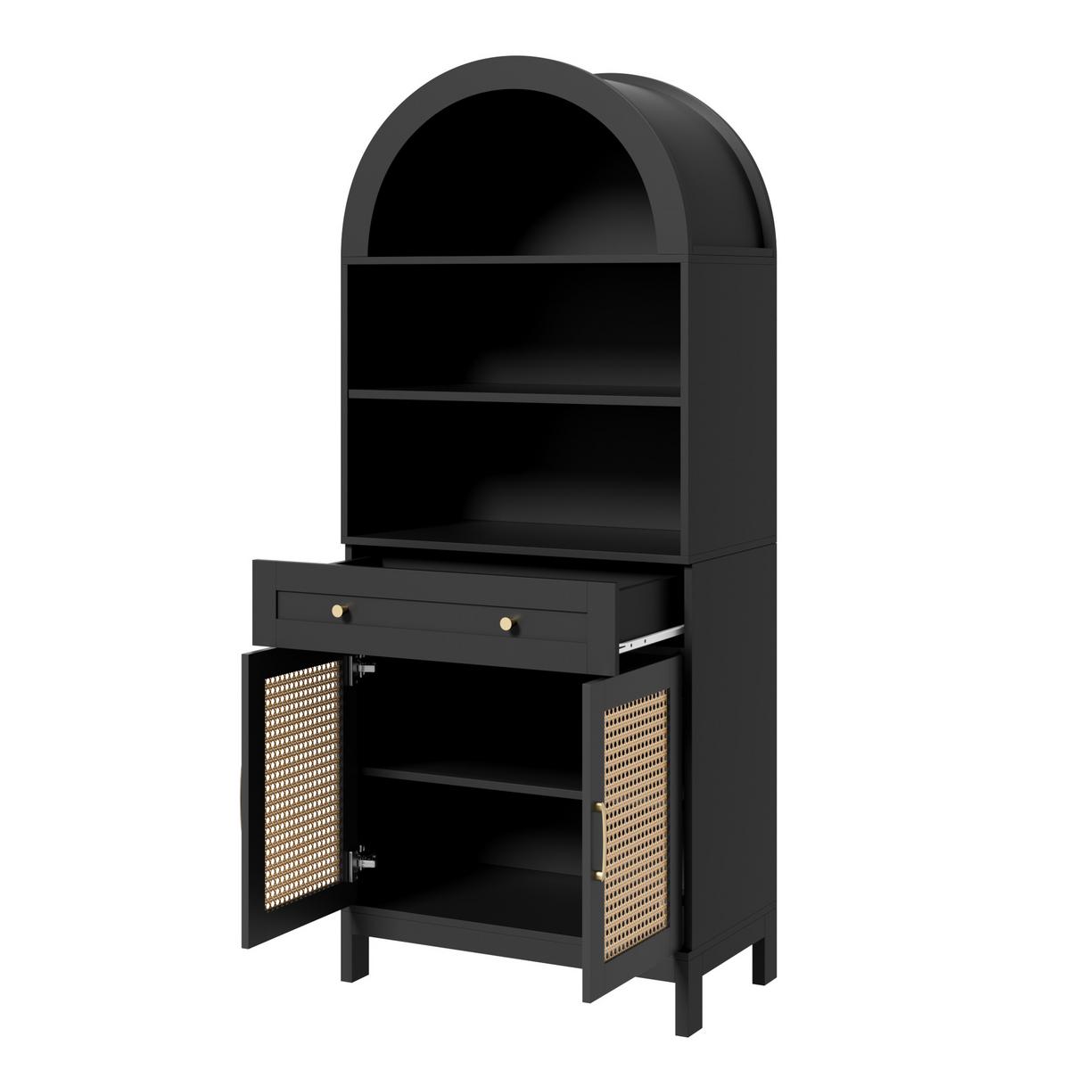 VITRINEN Gewölbt Schwarz & Natur mit Rattantüren & Schublade - Schwarz, Holzwerkstoff (70/170/40cm) - Urban Meuble