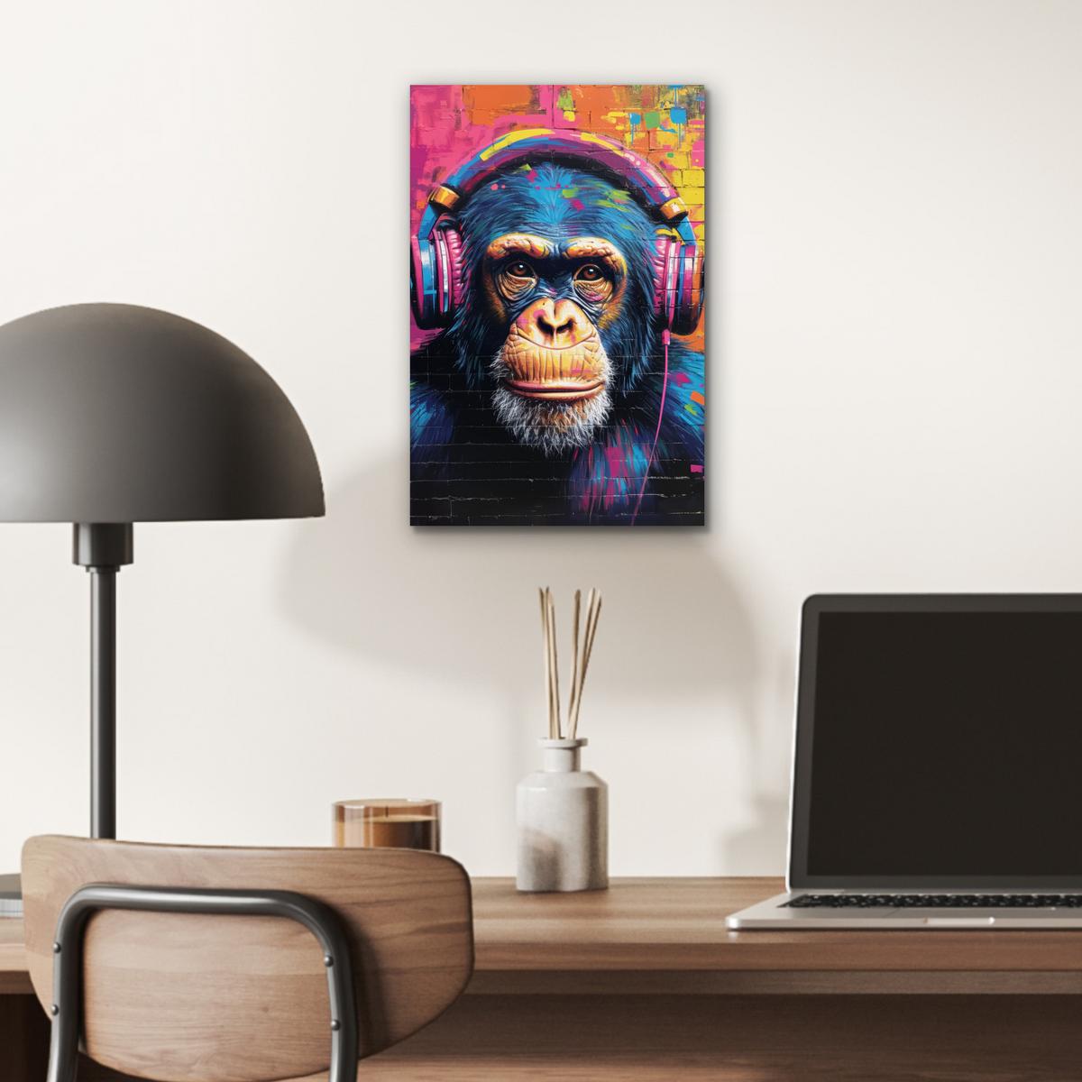 METALLBILD Graffiti - Schimpanse - Straßenkunst - Kopfhörer - Affe 20x30 cm - Blau, Metall (20/30cm) - MuchoWow