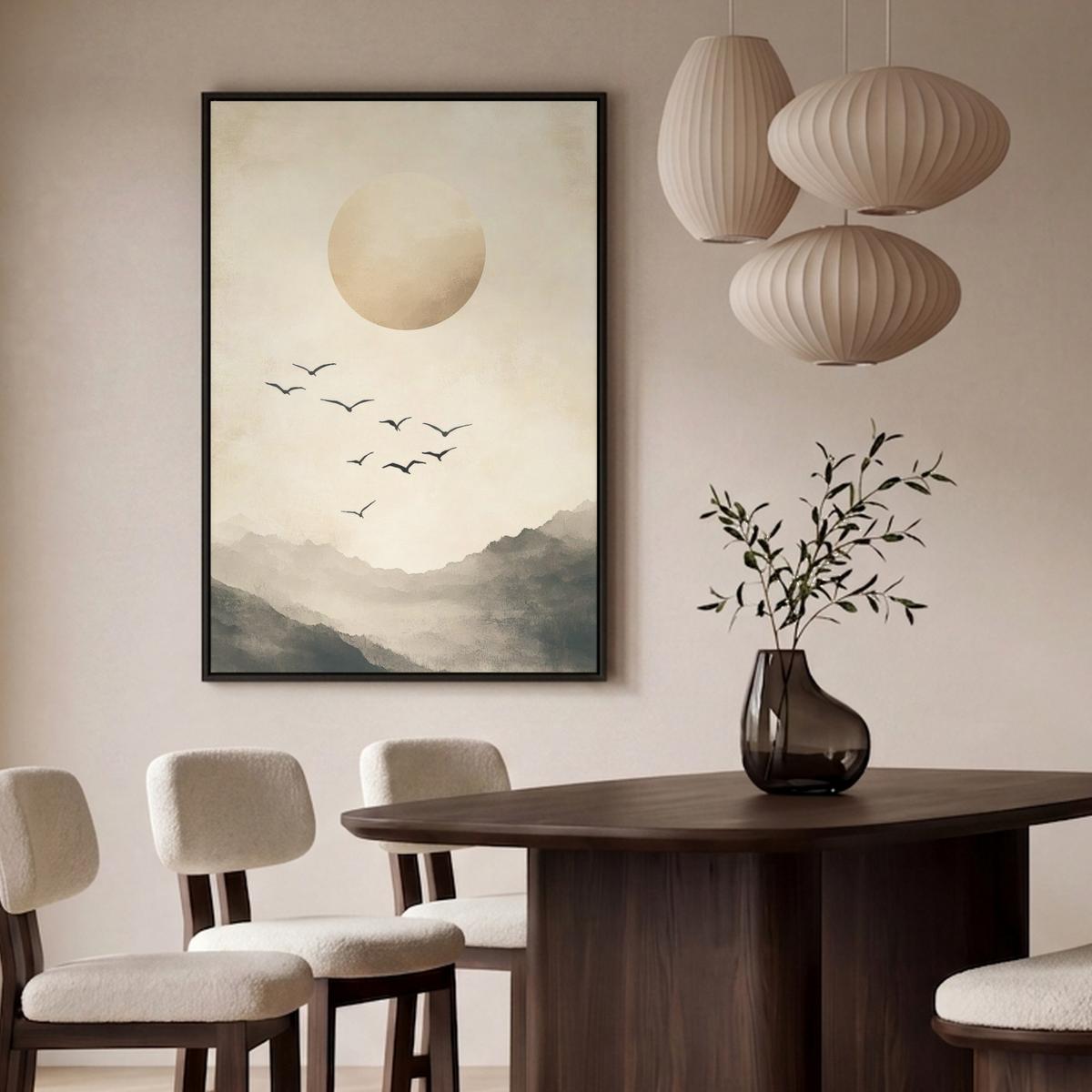 LEINWAND Bilder mit Rahmen - Landschaft - Japandi - Vogel - 80x120 - Beige, Textil (80/120cm) - MuchoWow
