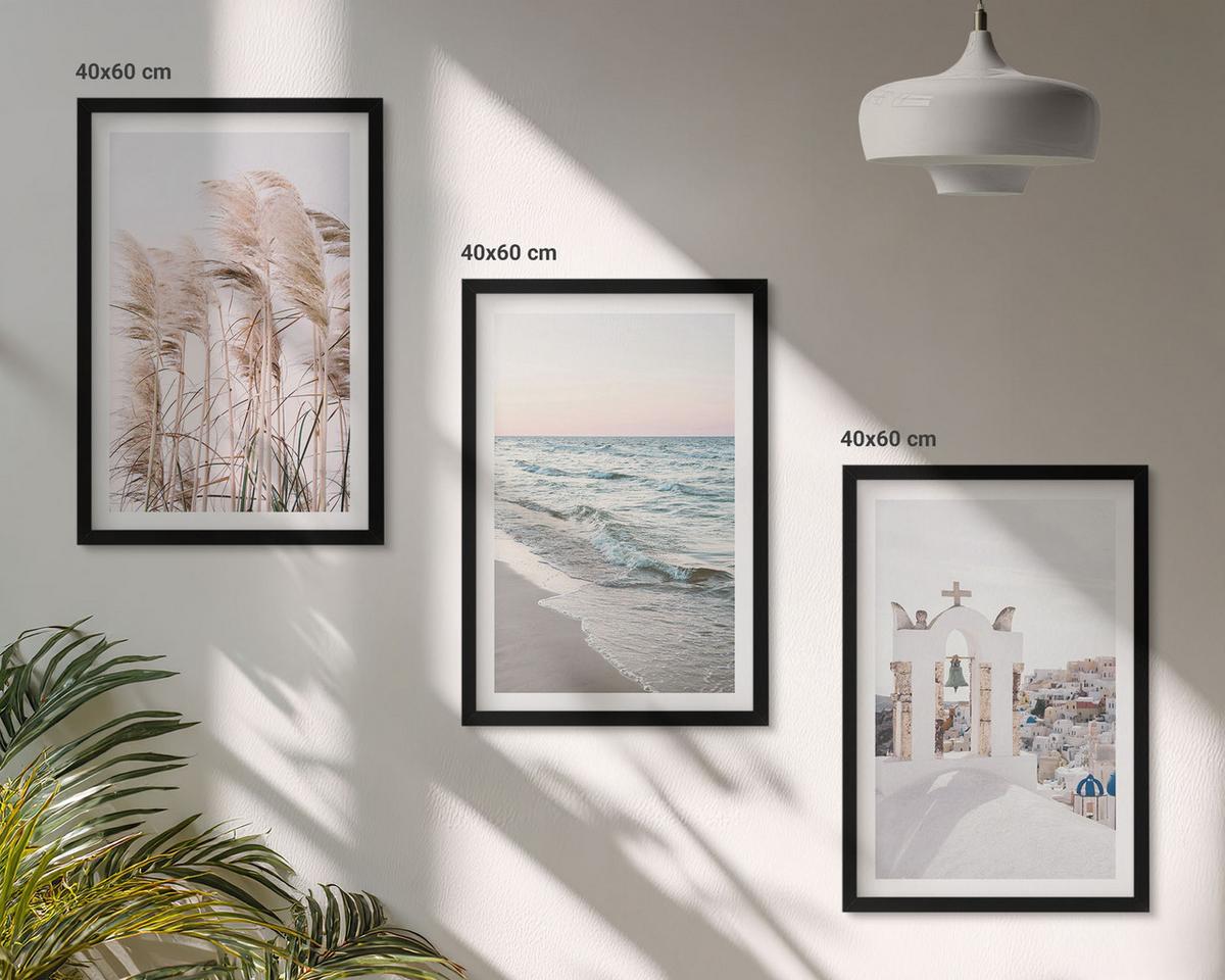 BILDER SET 3er Set - 40x60 cm Schwarzer Rahmen - Pflanzen, Meereswellen, Aussicht, Häuser - Schwarz, Kunststoff (40/60cm) - TULUP
