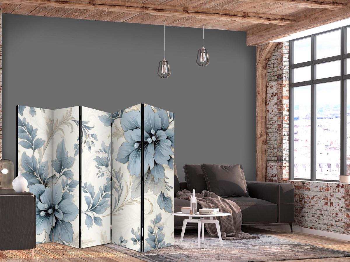 PARAVENT 5-tlg 225x172 cm Blaue Pflanzen - Blau, Holz/Textil (225/172/3cm) - Muralo
