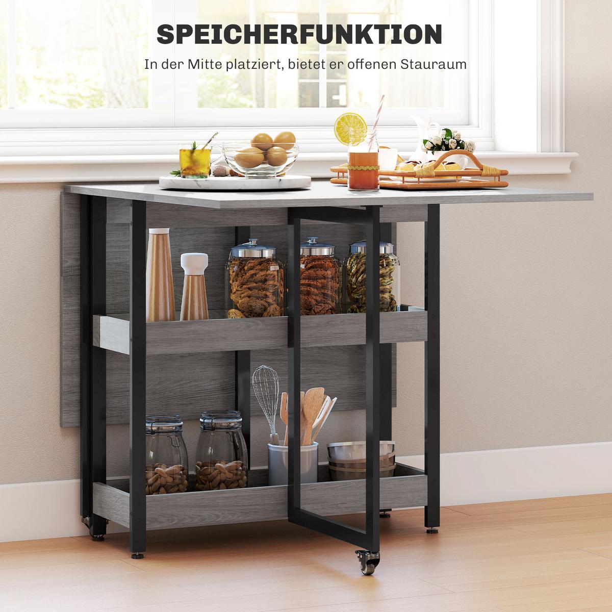 ESSTISCH Klappbar Küchentisch für 2-4 Personen mit 2 Offenen Ablagen, Rollen - Grau, Holz (133.4/80/75cm) - HOMCOM