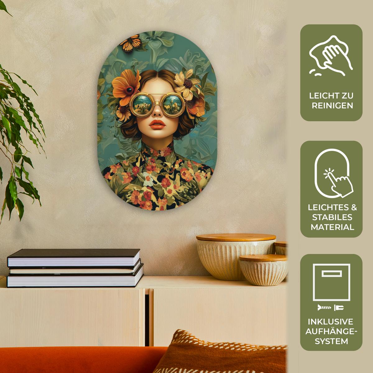 WANDBILD Frau - Blumen - Schmetterlinge - Natur - Vintage Deko Wohnzimmer 40x60 cm - Petrol, Kunststoff (40/60cm) - MuchoWow