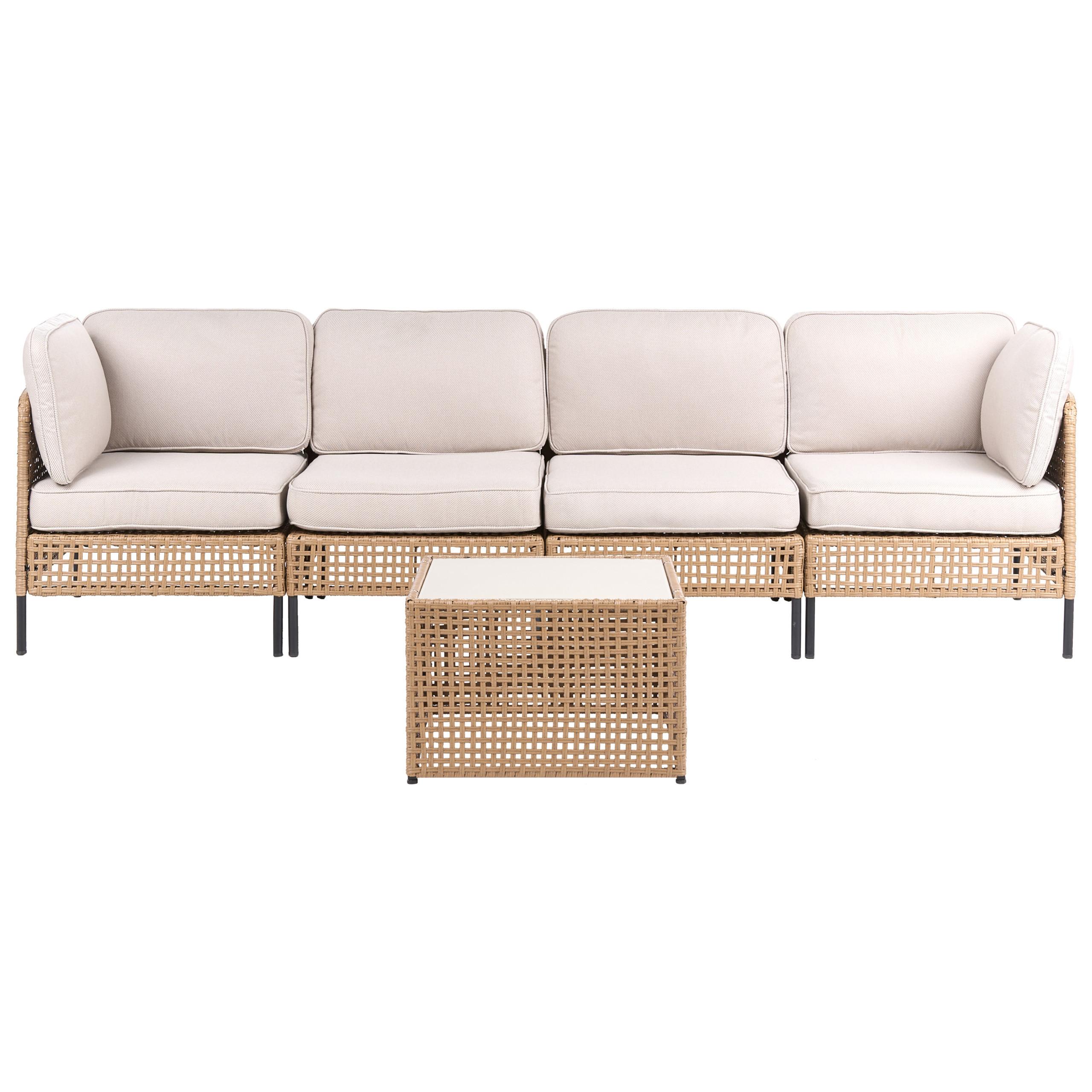 GARTENSOFA mit Tisch 4-Sitzer modular Polyrattan Hellbeige Omegana - Beige/Schwarz, Kunststoff (276/80/68cm) - Beliani