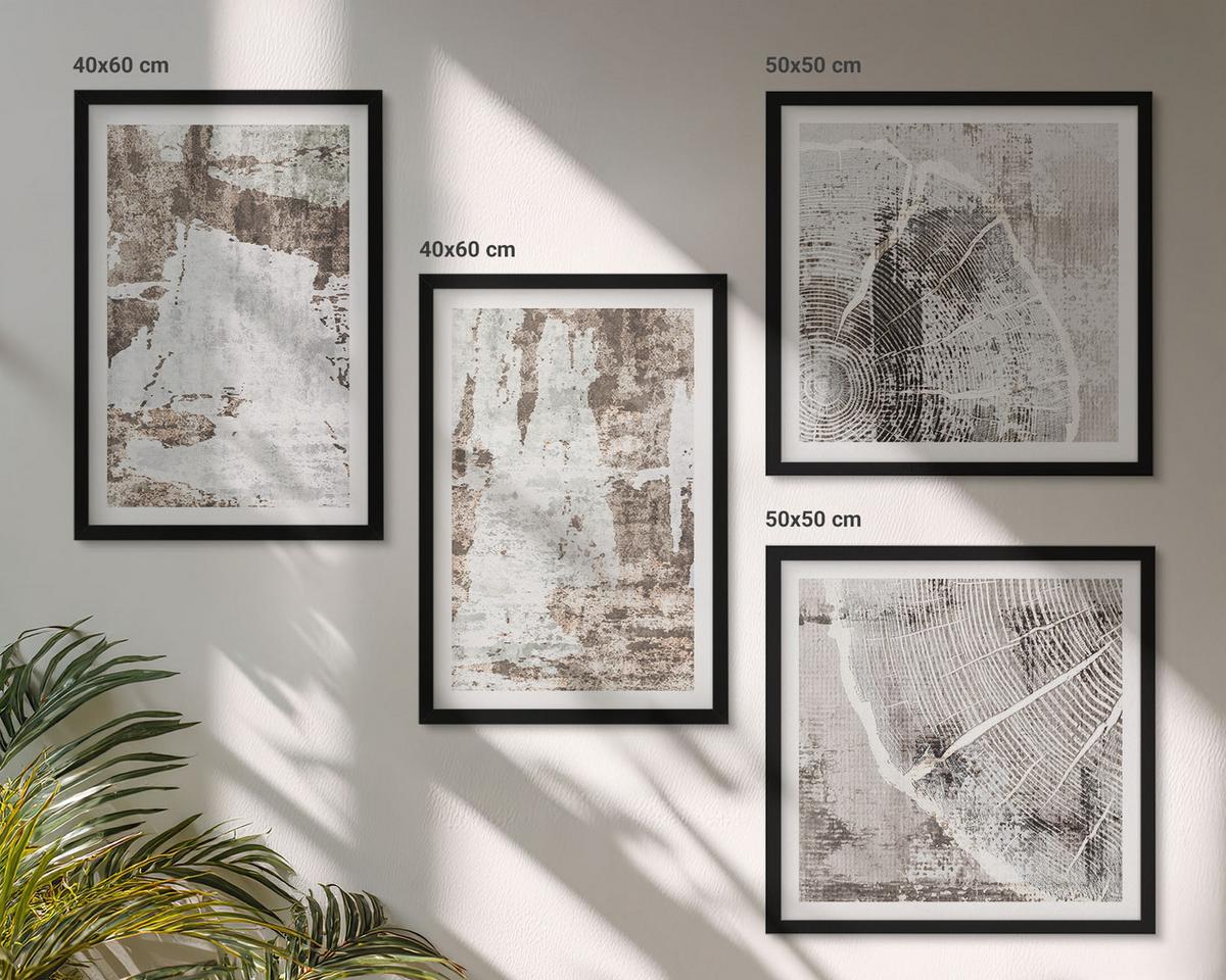 BILDER SET 4er Set - 50x50 cm & 40x60 cm Schwarzer Rahmen - Abstrakte Muster, weiß, braun - Schwarz, Kunststoff (50/50cm) - TULUP