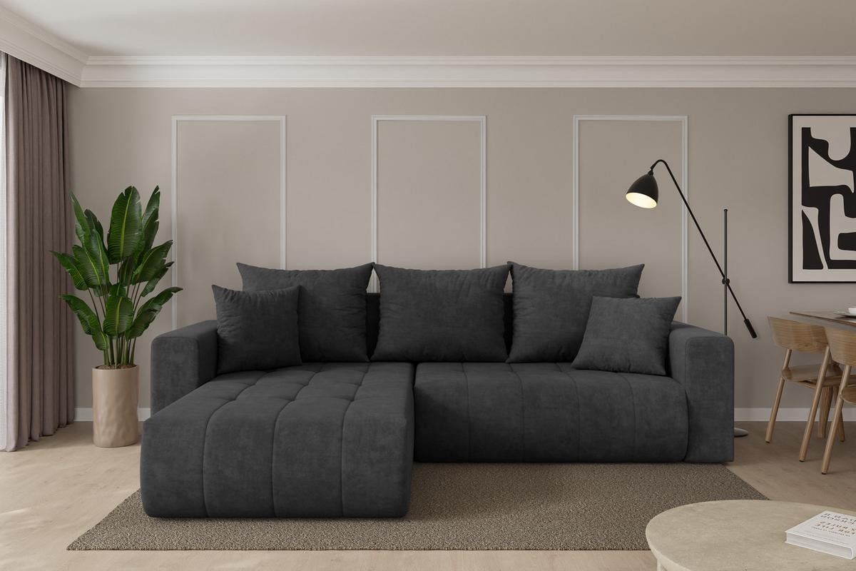 ECKSOFA mit Schlaffunktion Ottomane Links MILA-L 277x194x86 Dunkelgrau Velours - Anthrazit/Schwarz, Holzwerkstoff/Kunststoff (277/194cm) - ALTDECOR