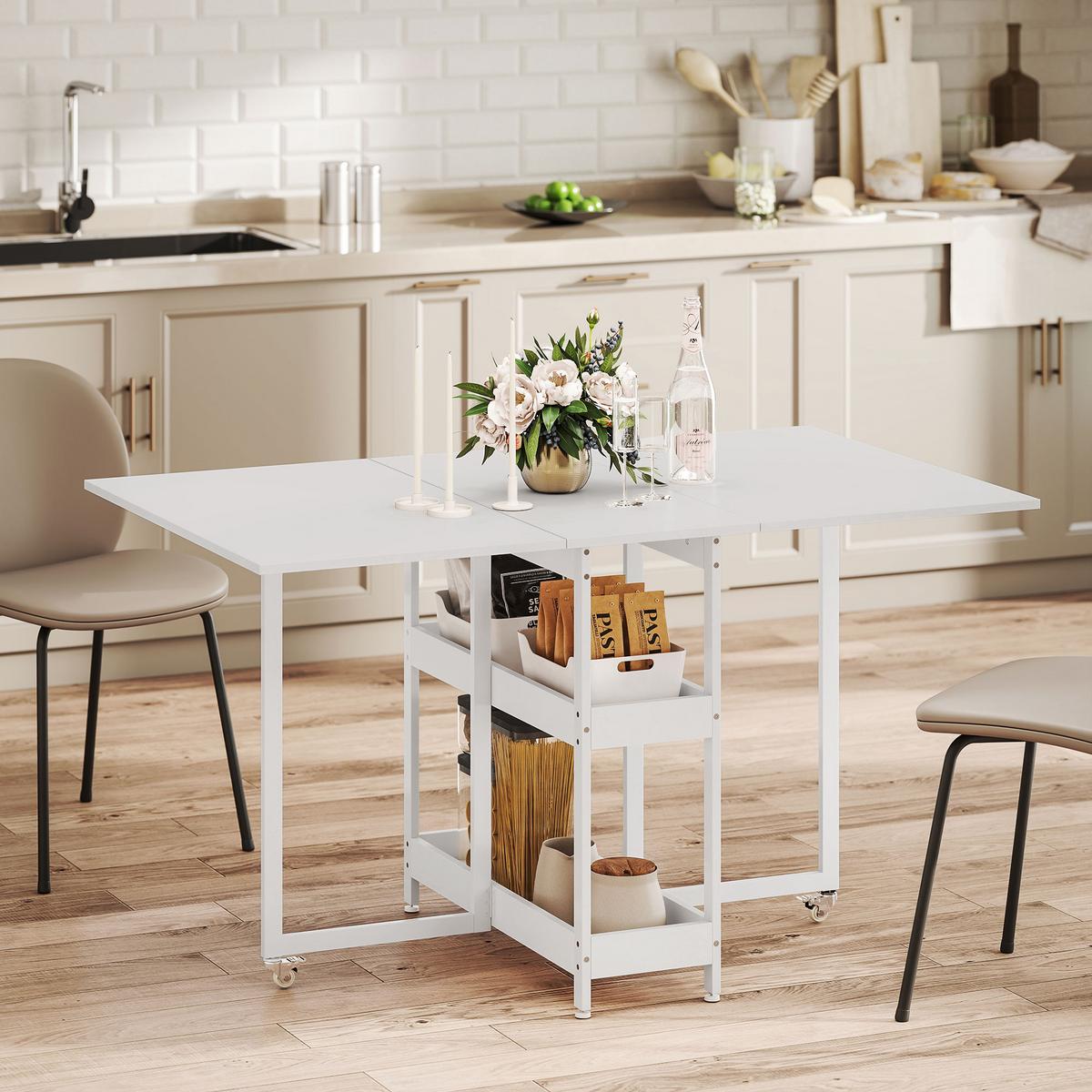 ESSTISCH Klappbar Küchentisch für 2-4 Personen mit 2 Offenen Ablagen, Rollen - Weiß, Holz (133.4/80/75cm) - HOMCOM