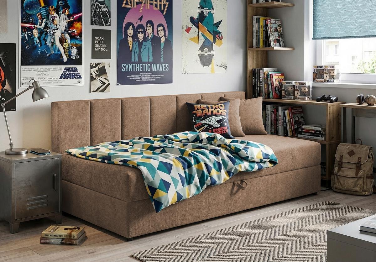 TAGESBETT Lenny mit Rückenlehne und großem Bettkasten aus Braun Chenille-Stoff - Schwarz/Braun, Holz/Kunststoff (90/200cm) - S-Style Möbel