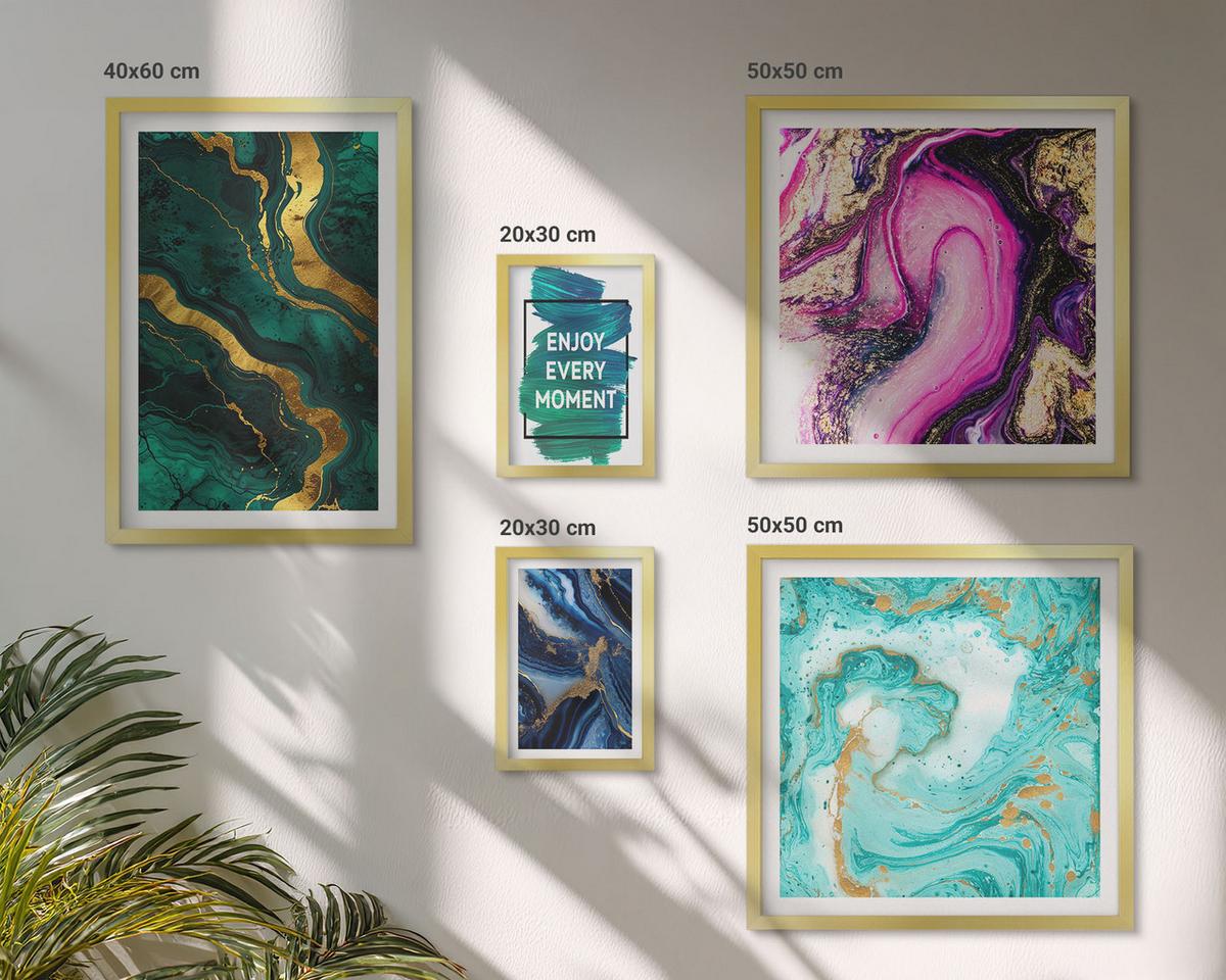 BILDER SET 5er Set - 50x50 cm & 20x30 cm & 40x60 cm Goldrahmen - Abstrakte Muster in Rosa, Grün und Blau - Goldfarben, Kunststoff (40/60cm) - TULUP