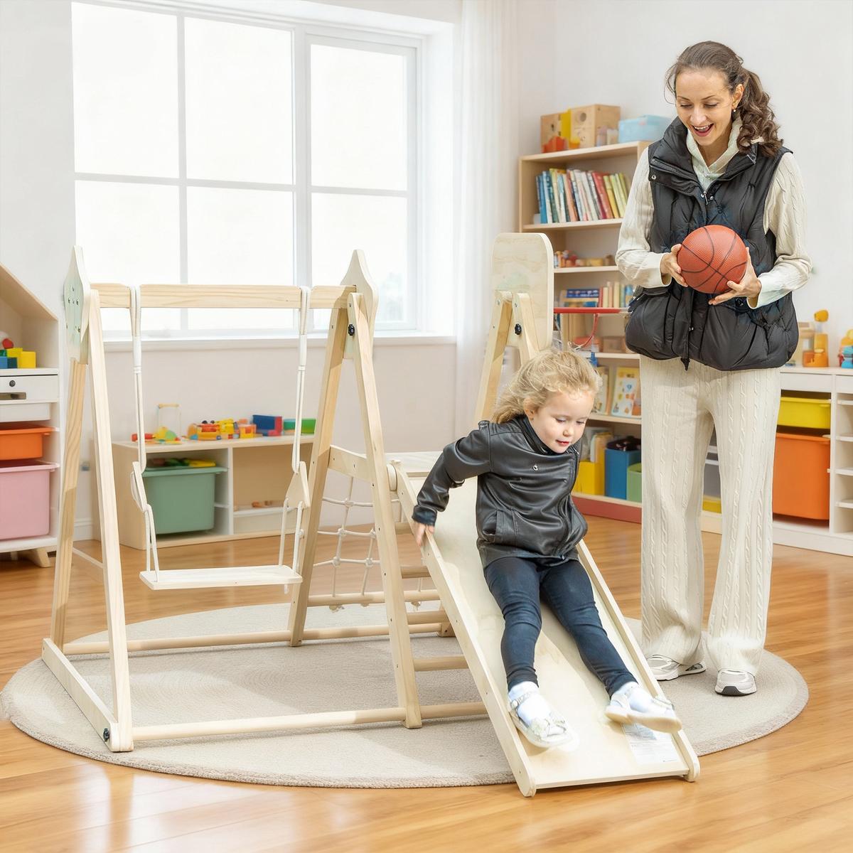 KLETTERGERÜST-MONTESSORI mit Rutsche Schaukel und Basketballkorb - Naturfarben, Holz (133/43/140cm) - AIYAPLAY
