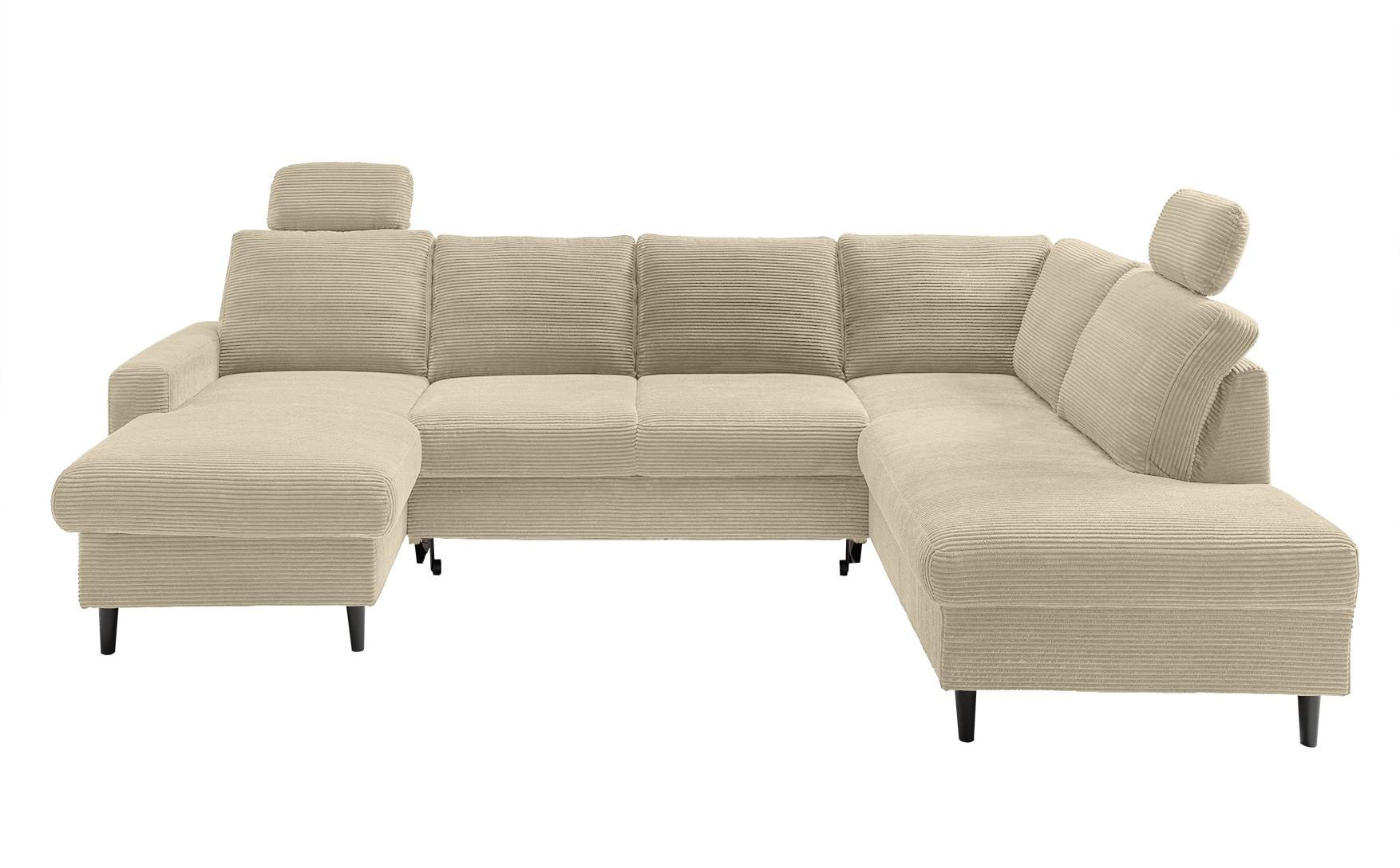 WOHNLANDSCHAFT mit Schlaffunktion Bettkasten Wellenunterfederung, 2 Kopfstützen, U-Form B305/T200/H88 cm, Cord Beige Grau / 17205 - Greige/Schwarz, Holz/Textil (305/88/200cm) - luma-home