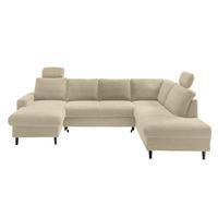 WOHNLANDSCHAFT mit Schlaffunktion Bettkasten Wellenunterfederung, 2 Kopfstützen, U-Form B305/T200/H88 cm, Cord Beige Grau / 17205 - Greige/Schwarz, Holz/Textil (305/88/200cm) - luma-home