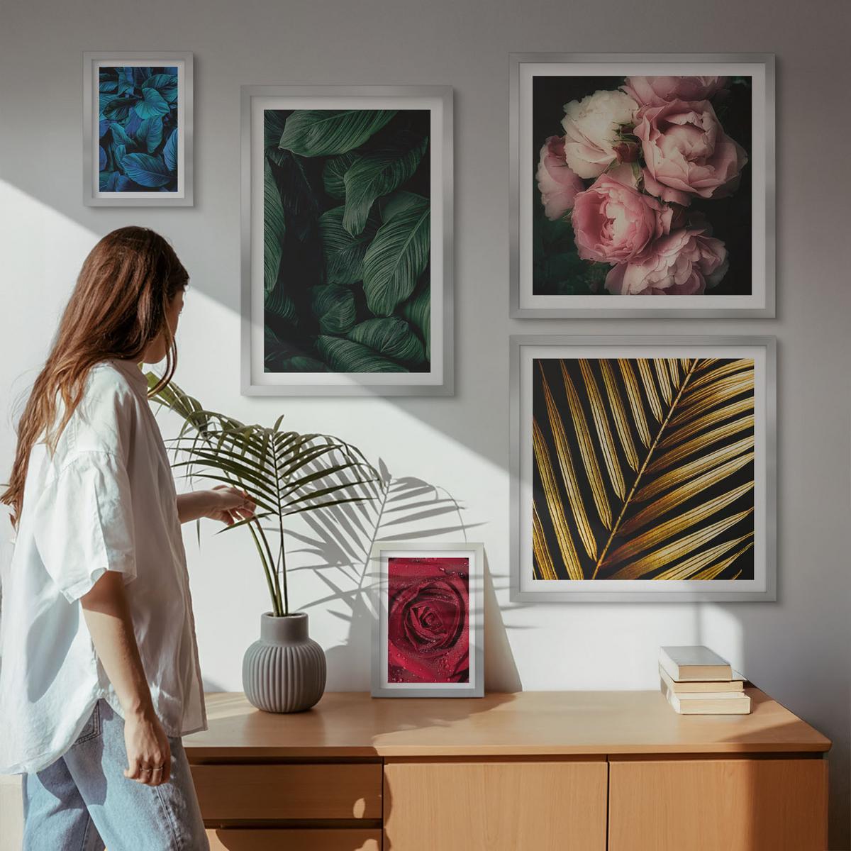 BILDER SET 5er Set - 50x50 cm & 20x30 cm & 40x60 cm Silberner Rahmen - Abstrakte schwarze Muster - Silberfarben, Kunststoff (40/60cm) - TULUP