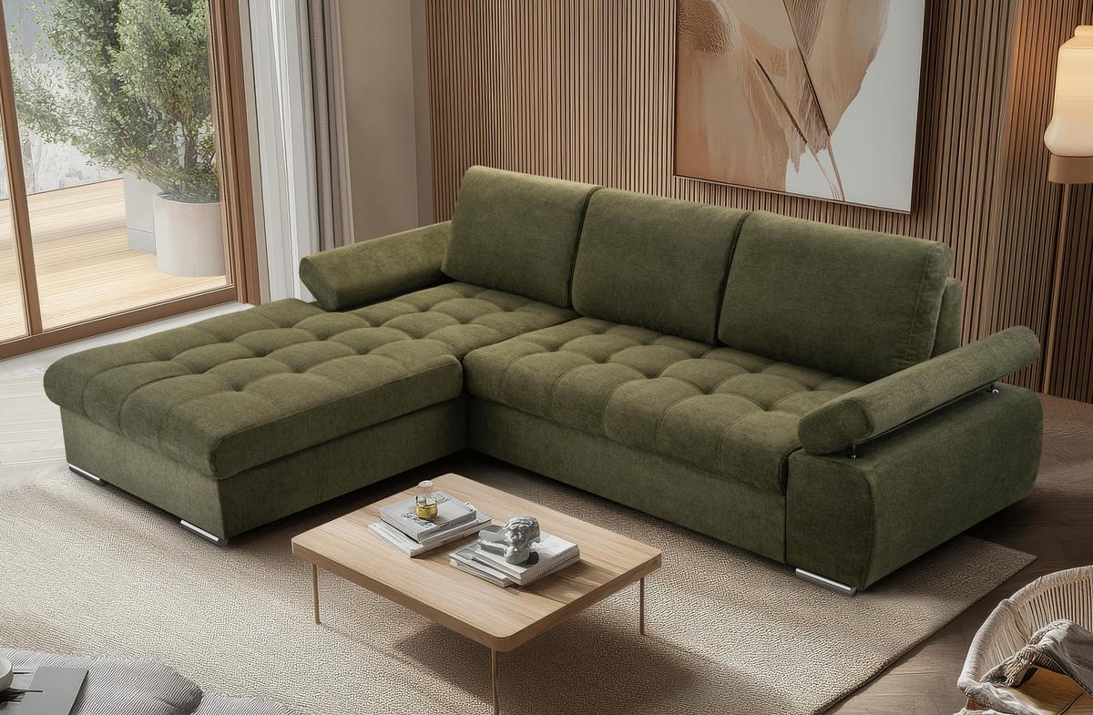 ECKSOFA SANDRO Grün Geflochtener Stoff mit Schlaffunktion - Grün, Holz (277/201cm) - MASSENO