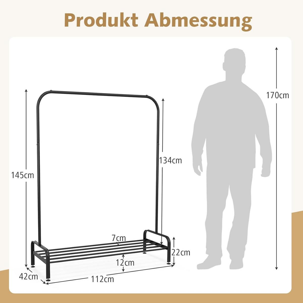 KLEIDERSTÄNDER 145cm Schwarz - Schwarz, Metall (112/145/42cm) - COSTWAY