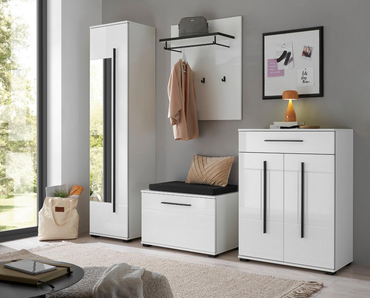 GARDEROBEN-SET weiß Hochglanz 5-teilig 230 cm, Flurgarderobe mit viel Stauraum - Dunkelgrau/Weiß Hochglanz, Glas/Holzwerkstoff (230/230/40cm) - Furn.Design