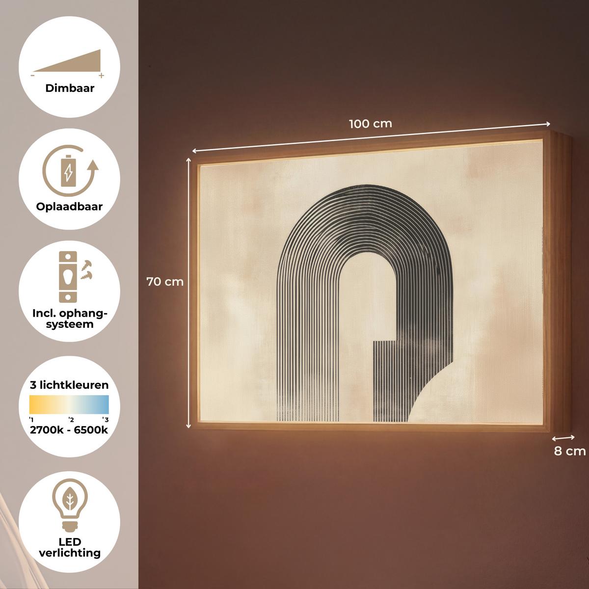 WANDLEUCHTE MIT AKKU Schleife - Streifen - Minimalistisch - Schwarz 100x70 cm - Beige, Holzwerkstoff (100/70/8cm) - OnlyWow