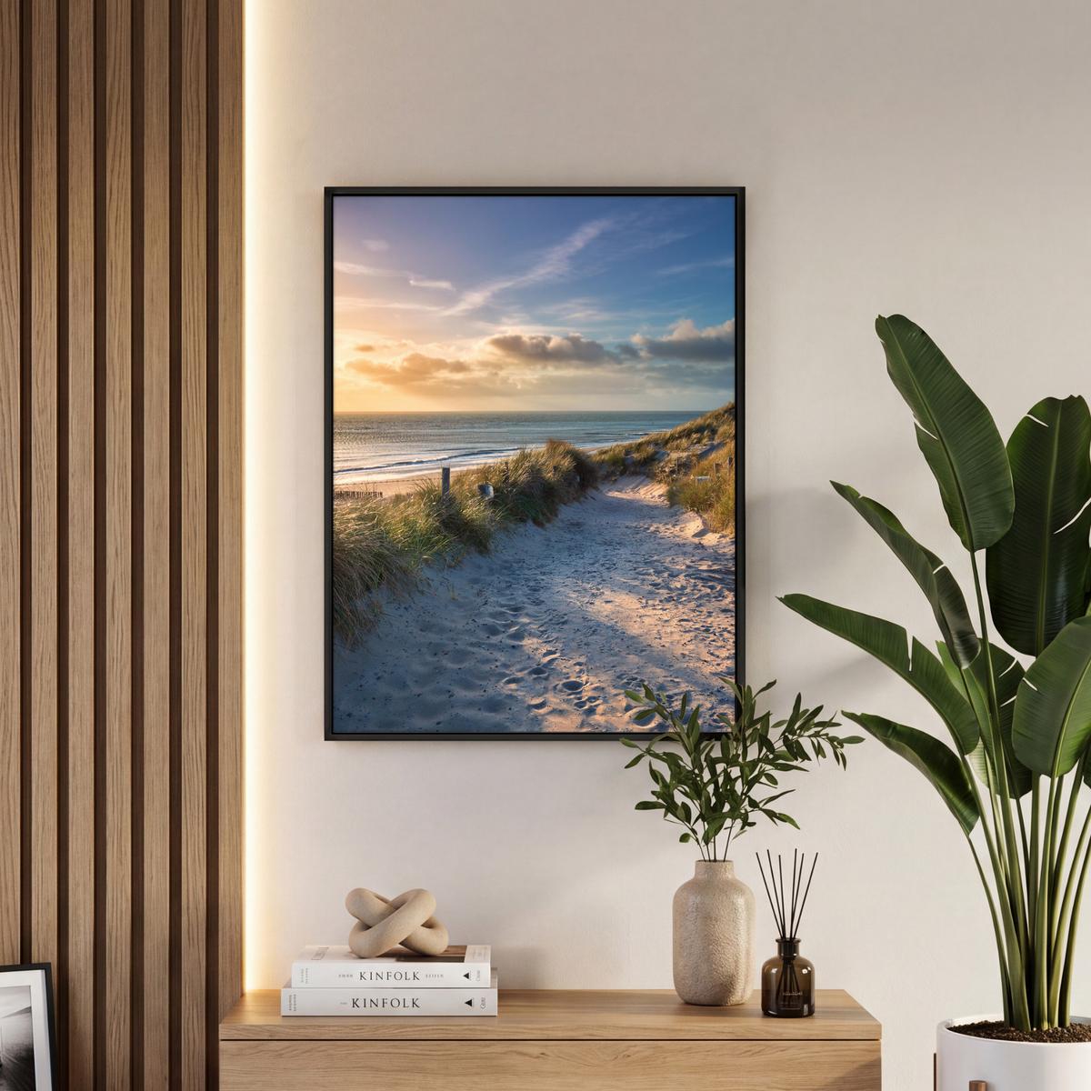 LEINWAND Bilder mit Rahmen - Sonnenuntergang - Strand - Düne - Gras - Ufer - 60x80 - Sandfarben, Textil (60/80cm) - MuchoWow
