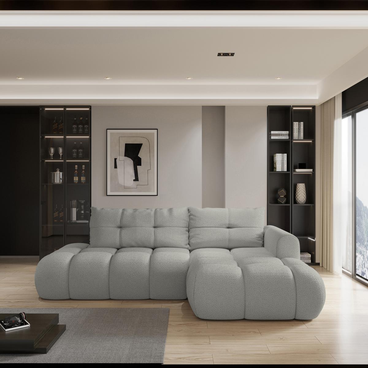 ECKSOFA FLUMA R-S Hellgrau Boucle-Stoff mit Schlaffunktion - Hellgrau, Holz (279/158cm) - MASSENO