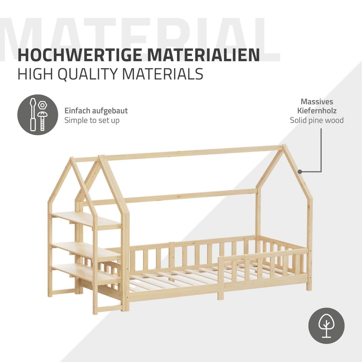 KINDERBETT 90x200 cm mit Rausfallschutz & Regal Natur aus Kiefernholz - Naturfarben, Holz (90/200cm) - ML-DESIGN