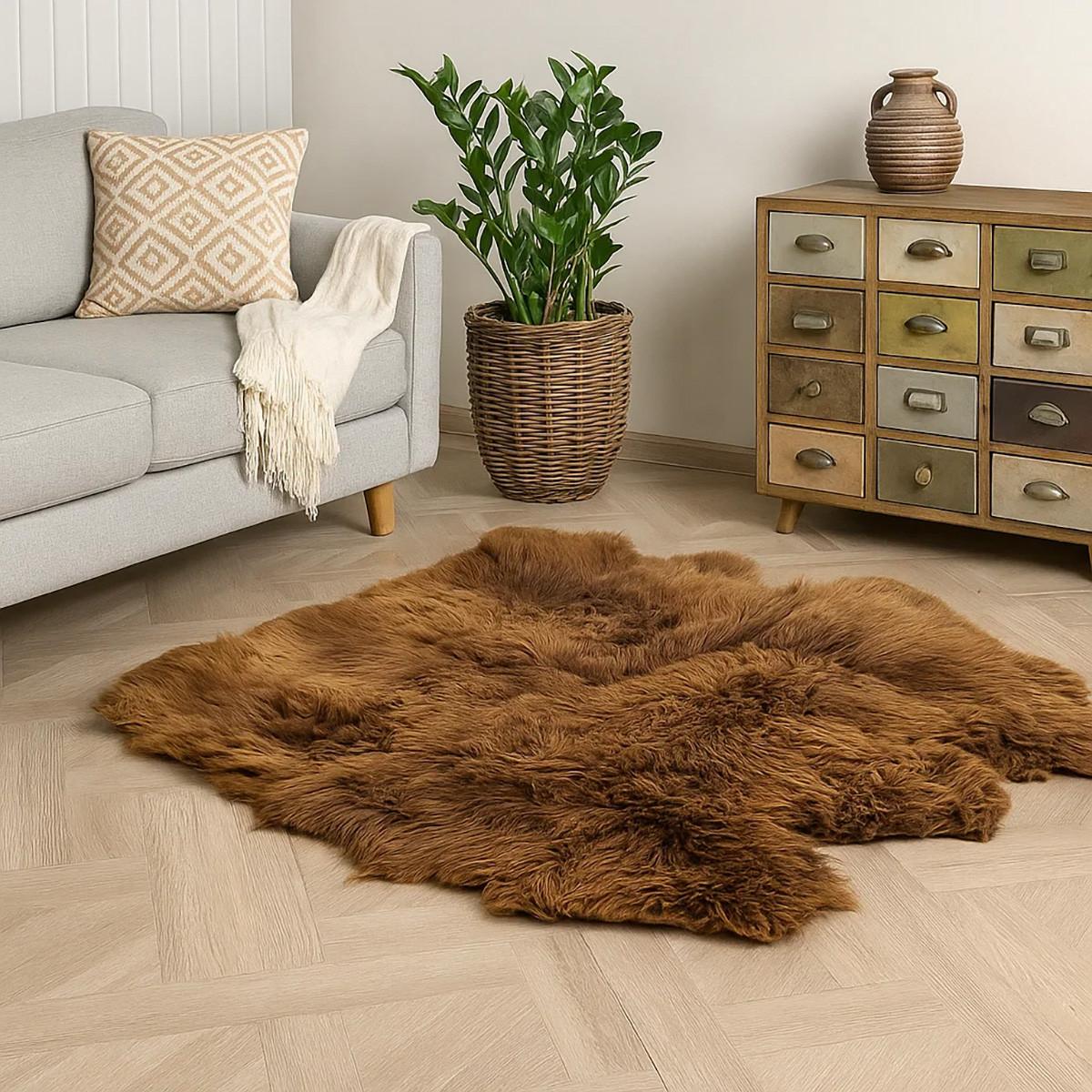 TEPPICH Schaffell-Decke 6-teilig Naturweiß/Naturbraun 190/160 cm - Braun/Naturfarben, Fell (160/190cm) - Provellus
